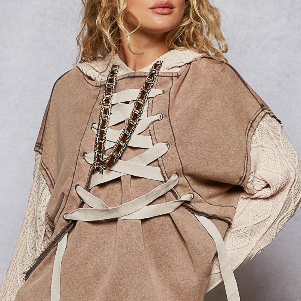 POL Tan Lace-Up Sweater Poncho